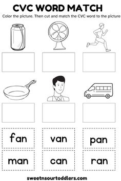 cvc word match worksheet with pictures and words to help students learn how to read