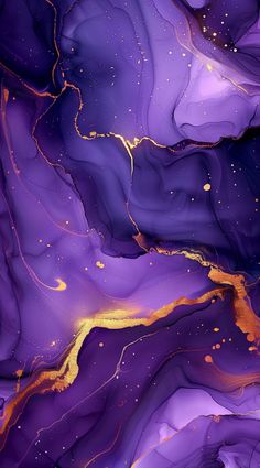 an abstract painting with gold and purple colors on the bottom, it looks like fluid paint