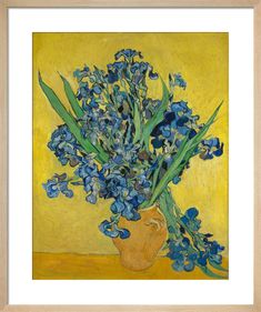 a painting of blue flowers in a yellow vase