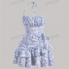 This Dress Is From Shien But Still Very Good Quality, Tight Blue Dress, Short Sundress, White Halter Dress, Cute Dress Outfits, 20th Birthday, Pretty Dresses, Pretty Outfits, Good Quality, Cute Dresses