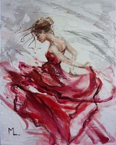 a painting of a woman in a red dress with her hair blowing in the wind