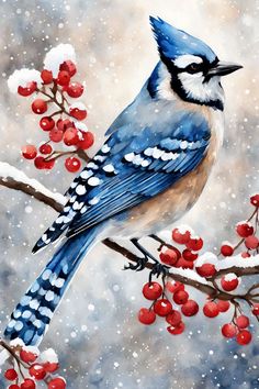 a painting of a blue jay perched on a branch with red berries in the snow