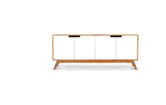 the sideboard is made from wood and has two glass doors, one with black handles