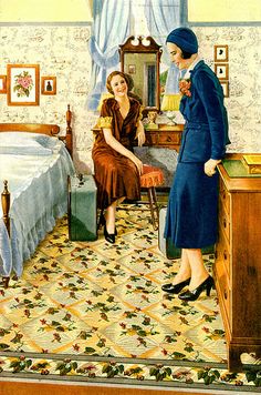 a woman in a blue dress is talking to another woman who is sitting on a bed