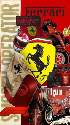 the ferrari logo is surrounded by many different types of racing cars and other items on display