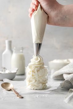 Homemade whipped cream being piped in swirls into a glass dessert cup. Mascarpone Frosting Recipe, Sturdy Whipped Cream Frosting, Stable Whipped Cream, Stabilized Whipped Cream Frosting, Pudding Frosting, Cream Cheese Sugar Cookies, Whipped Cream Cheese Frosting, Mascarpone Frosting, Stabilized Whipped Cream