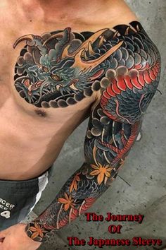 a man with a dragon tattoo on his arm and chest standing next to a wall