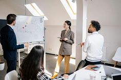 a group of people standing around a white board