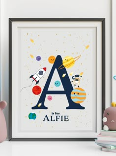 a is for affie print with space and rockets on the letter'a '