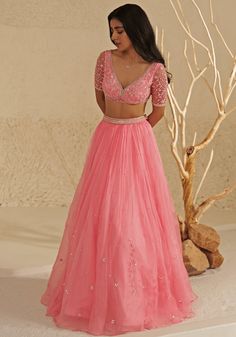 Pink Organza Embroidered Lehenga Set Zoon Tribe - Fabilicious Fashion Lehenga Designs In Organza, Organza Lehnga Outfit, Pink Lehenga Blouse Designs, Pink Blouse Designs For Lehenga, Simple Blouse Designs For Lehenga, Lehenga Sleeves Design, Organza Lehenga Blouse Designs, Blouse Designs On Lehenga, Pink Lehenga Look