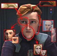 an image of a man with many facial expressions on his face and in front of him is a star wars character