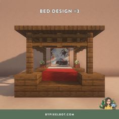 the bed is made out of wood and has a red bedspread