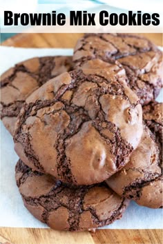 chocolate brownie mix cookies stacked on top of each other with the title above it