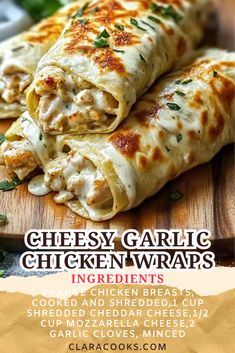 Cheesy Garlic Chicken Wraps Healthy Shredded Chicken Recipes, Healthy Easy Chicken Recipes, Cheesy Garlic Chicken, Plain Chicken Recipes, Wedding Soup Recipe, Italian Wedding Soup Recipe, Chicken Shredded, Chicken Wrap Recipes, Easy Weekday Meals