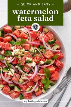 watermelon and feta salad in a white bowl with text overlay reading quick and easy watermelon feta salad