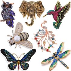 PRICES MAY VARY. You Will Get: 5 or 7 or 12 pieces of women brooches (depends on what you chose). Animal Fly Insect Halloween Christmas Holiday brooches frog fox flamingo hedgehog lizard turtle swan cat crow brooch pins elegent hat sunflower camellia flower lucky four leaf clover angel tear big eye brooches pins Applicable occasions: Vintage look, antique, crafts, artistic, novelty, fashion, cute, eye-catching , add some decorative your clothes, denim jackets. Go to the party prom banquets, wedd Brooch Ideas, Women Brooch, Sewing Jewelry, Insect Brooch, Butterfly Dragonfly, Wedding Party Accessories, Bee Brooch, Party Kleidung, Animal Brooch