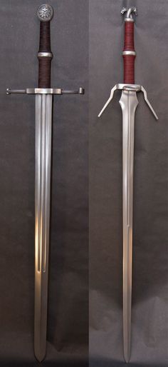 two swords are shown side by side, one has a wooden handle and the other has a metal blade