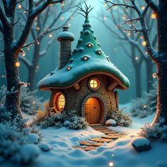 a small house in the middle of a snowy forest with lights on it's roof