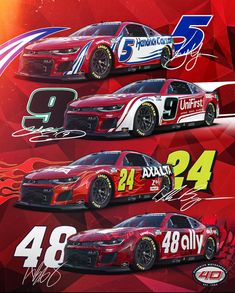 three racing cars with numbers on them in red, white and blue colors are shown