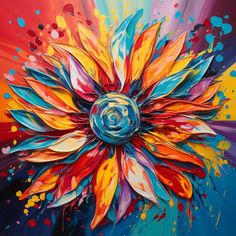 an abstract painting with bright colors and flowers