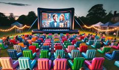 an outdoor movie theater with colorful chairs and lights