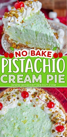 no bake pistachio cream pie with cherries on top