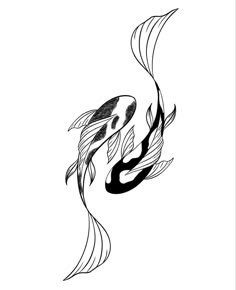 a black and white drawing of two koi fish swimming in the water with their tails curled up