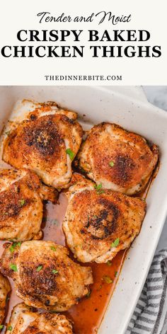 crispy baked chicken thighs in a white casserole dish with text overlay