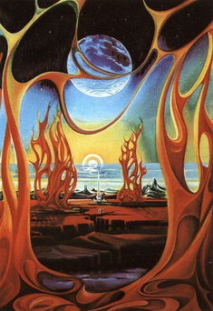 an abstract painting with flames and planets in the sky above trees on land, surrounded by water