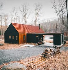 a black cabin in the woods with red roof