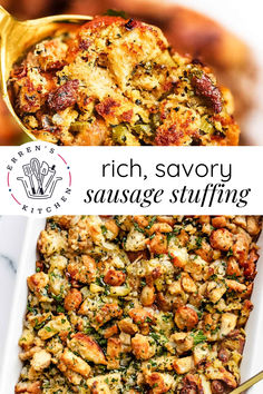 Savor the rich, savory flavors and delightful textures of our sausage stuffing. Infused with fresh herbs and perfectly balanced with tender vegetables, this stuffing is a must-try side dish for any festive meal. Whip up the ultimate sausage stuffing with our easy recipe – rich, savory, and filled with herbaceous flavors! Perfect for your Thanksgiving dinner!

Errenskitchen.com for easy, delicious, and even quick recipes for breakfast, lunch, dinner, and desserts! Stuffing Recipes Bon Appetit, Stuffing Recipes Sourdough, Sage Sausage Cornbread Stuffing, Classic Sage And Sausage Stuffing, Classic Sausage Stuffing Recipes Thanksgiving, Sausage Stuffing Boxed, Pepperidge Farm Stuffing With Sausage, Sausage Leek Stuffing, Stuffing Recipes With Sausage And Apples