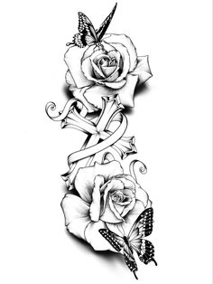 a black and white rose tattoo design with butterflies on the top half of its arm