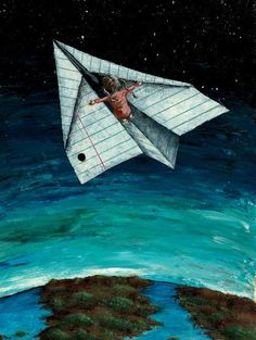 a painting of a paper airplane floating in the air with a man on it's back