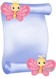 a blue paper with two pink butterflies and a yellow butterfly on the top, in front of it