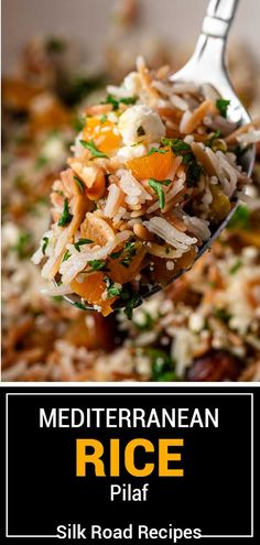 a spoon full of rice with carrots and parsley on top is being held by a fork