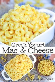 greek yogurt mac and cheese is in a white bowl