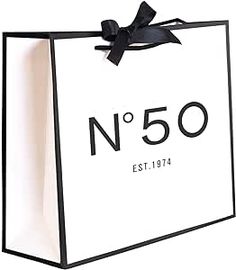 a black and white shopping bag with the number n50 on it's front