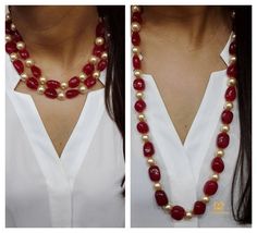 Pearl And Ruby Beads Mala, Ruby Pearl Necklace, Pearl And Ruby Necklace, Ruby And Pearl Necklace, Ruby Beads Necklace Designs, Beads Jewellery Designs, Long Beaded Necklaces, Pearl Lariat Necklace