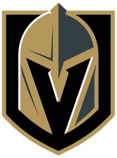 the vegas knights logo on a black and gold shield with an arrow in the center