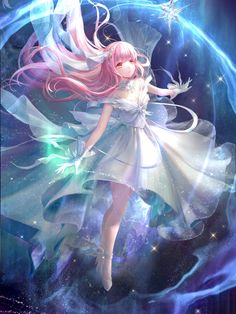 an anime character with pink hair and white dress flying through the air in front of stars