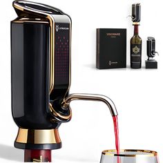 an image of a coffee maker and two glasses with the same product on it,