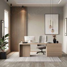 an office with wood paneling and modern furniture in the corner, along with potted plants