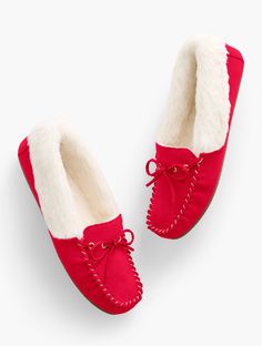 Our iconic moccasin slippers accented with plush faux fur cuff. Crafted from soft suede with a pretty bow detail at the vamp. Memory foam footbed that feels great all day. Flexible outsole for improved stability. Features Round Toe Memory foam footbed Imported Material: 100% Leather | Ruby Bow Suede Moccasins Shoes Talbots Moccasin Slippers, Suede Moccasins, Moccasins Shoes, Moccasins Slippers, The Vamps, Soft Suede, Bow Detail, Modern Classic, Moccasins