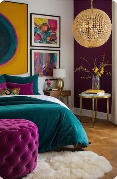 a bedroom with purple, green and yellow decor