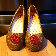 New Disney Princess Belle Shoes. Slip On Gold Slippers With Rose Accent On Toes. Cute Heavy Duty Shoes . Rubbery Material. Princess Belle Shoes, Belle Shoes, Shoes Disney, Gold Slippers, Disney Belle, New Disney Princesses, Disney Princess Belle, Disney Shoes, Belle Disney