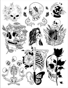 various skulls and flowers are shown in this black and white drawing, which is part of a set of tattoos