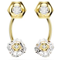 The exquisite shapes within these Numina pierced earrings give the design a truly unique character. Each gold-tone plated piece features a round Swarovski Zirconia at the top, placed within a hexagonal bezel setting. An elegant drop of curved metal then attaches to an imperial-cut crystal below, which has been pierced with metal and layered with a single Swarovski Zirconia. A sensational choice that delivers a contemporary, industrial style. Stackable Ring Sets, Pink Watch, Earring Jackets, Rose Gold Watches, Tennis Necklace, Stylish Earring, Single Earring, Cuff Earrings, Metal Bracelets