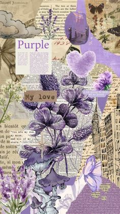 a collage with purple flowers and butterflies