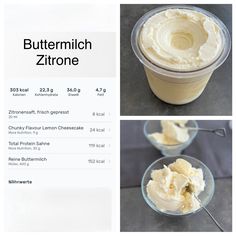 the ingredients for buttermilch zitrone are shown in three separate pictures