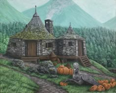 a drawing of a house with pumpkins in front of it